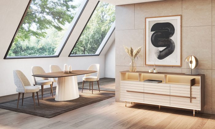 Photo d'ambiance présentant une salle à manger avec une enfilade, une table de repas et des chaises. L'ensemble est en finition noyer nature ainsi que laque mat blanc.