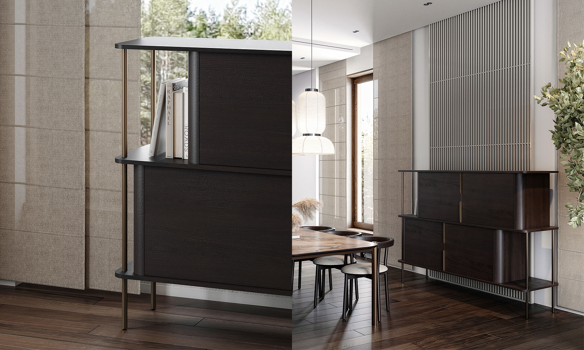 Armoire haute avec deux parties de rangements à porte coulissante invisible. La structure du meuble est en bois de chêne fumé noir et d'acier bronze.